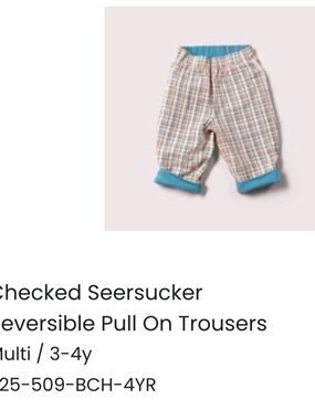 Little Green Radicals Checked Seersucker Trousers with Bright Blue Waistband 3-4